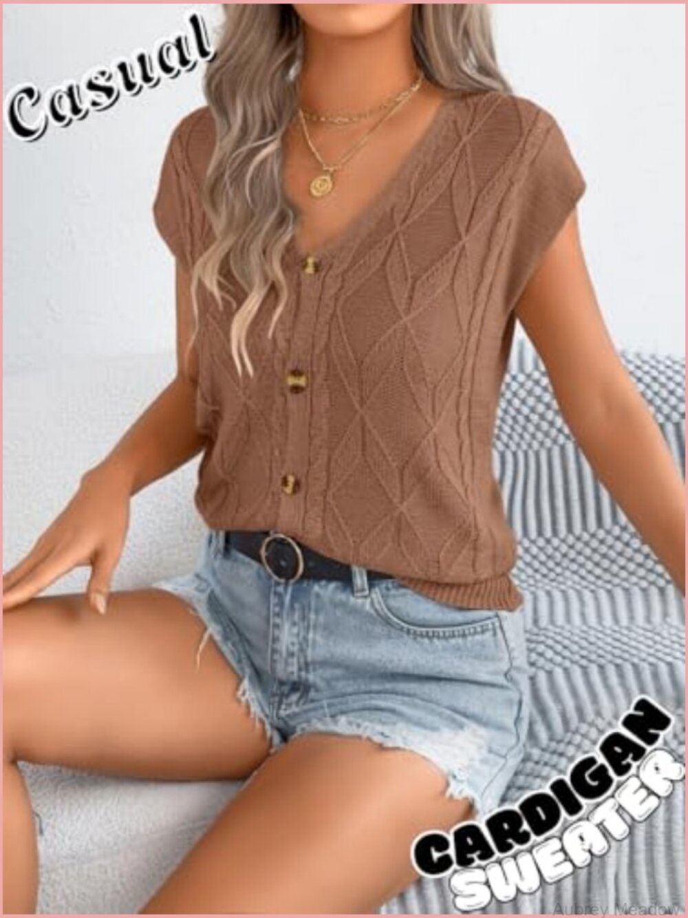 Cap Sleeve V Neck Sweater Vest, Cable Knit Button Down Cardigan, Lightweight - Picture 3 of 7